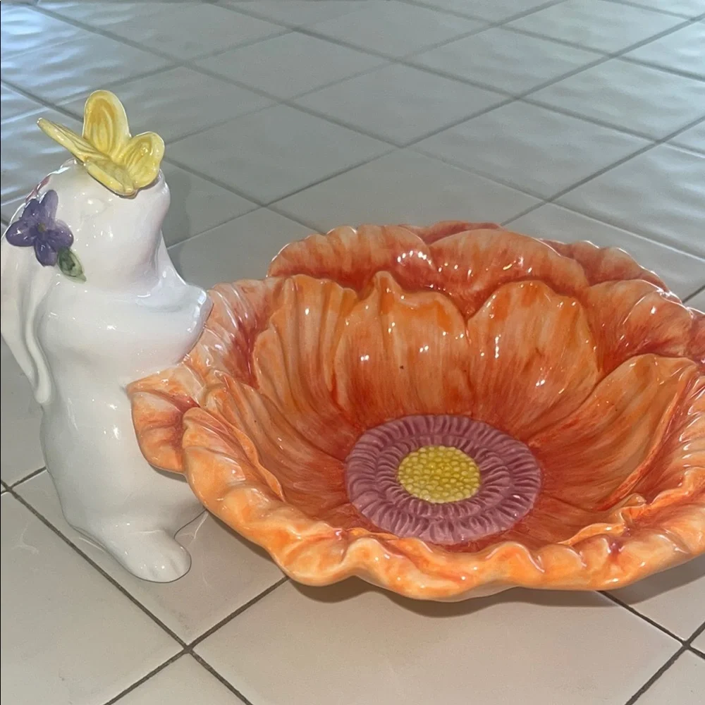 Pier 1 -Orange Floral Bowl with White Bunny